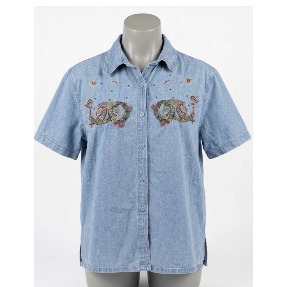 90s Vtg Southwestern Denim Shirt XL Western Boho Whimsigoth Kokopelli Celestial
